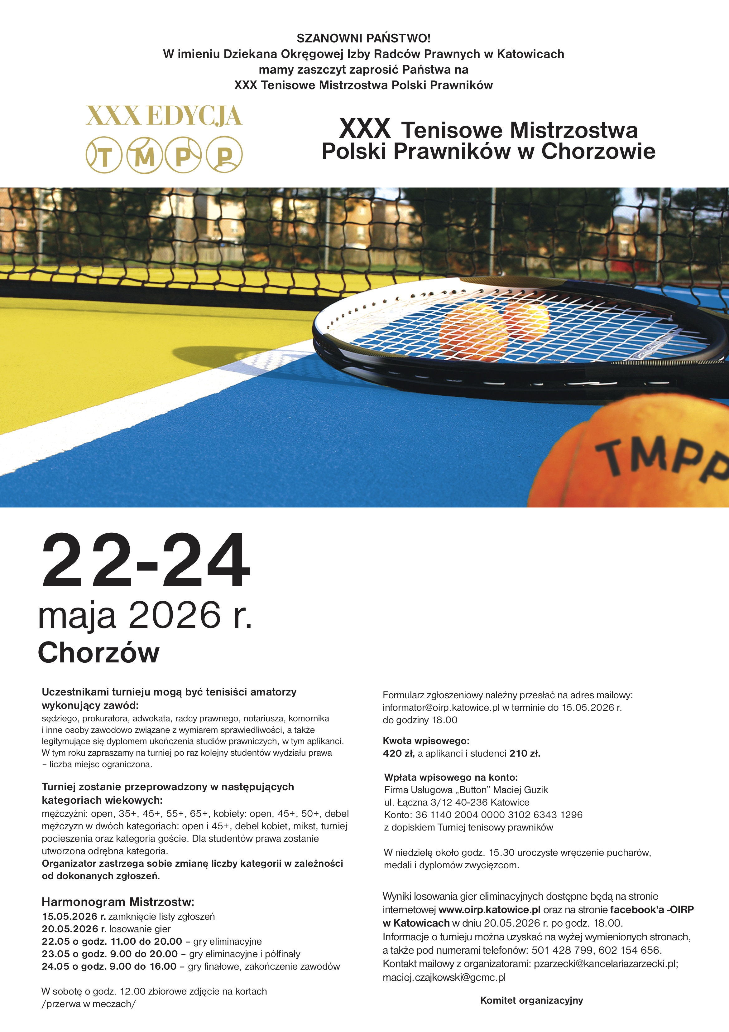 XXX Tenisowe Mistrzostwa Polski Prawników w dniach 23– 24.05.2026 r.